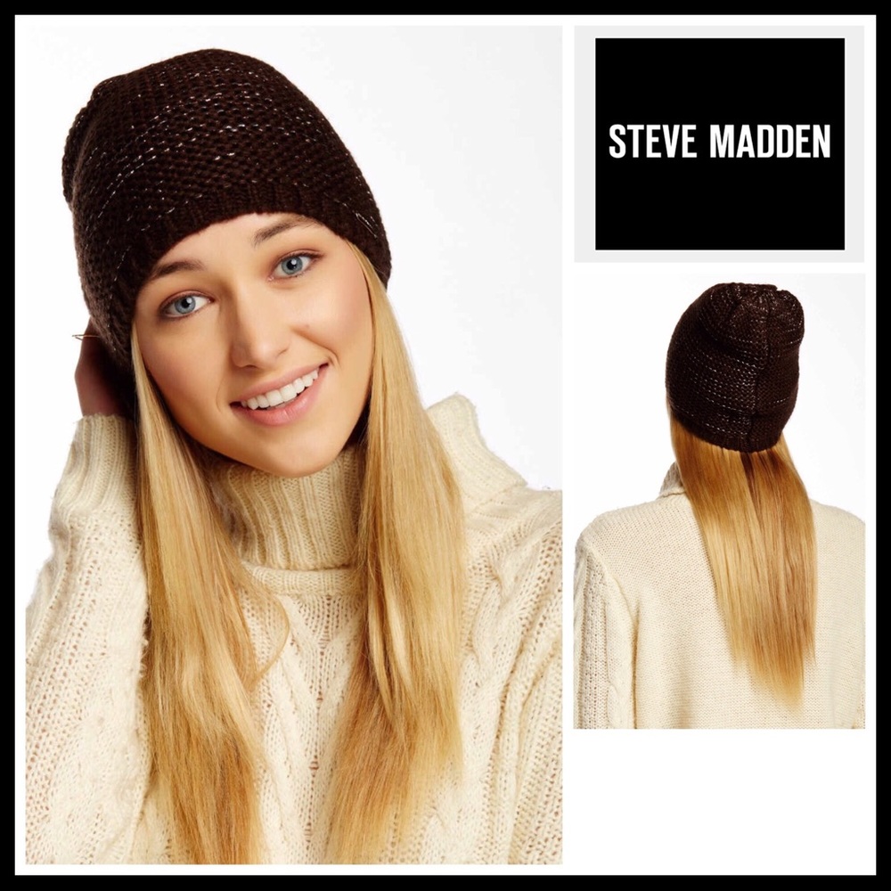 STEVE MADDEN METALLIC THREAD BROWN KNIT BEANIE HAT - Picture 1 of 8